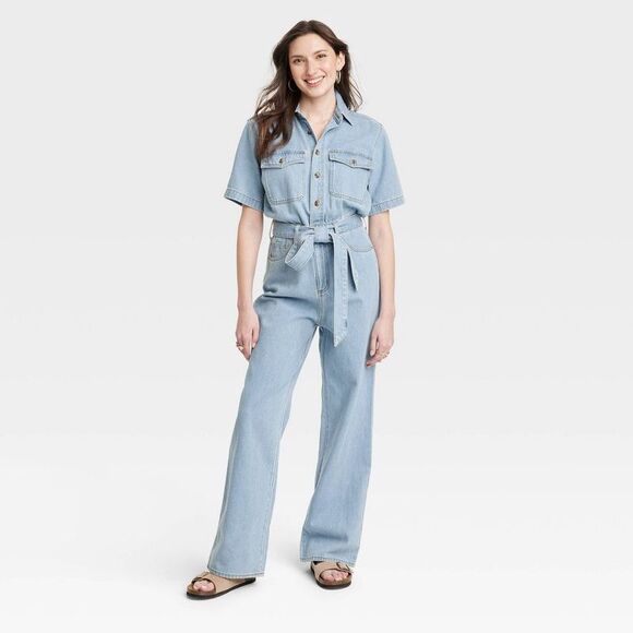 Universal Thread Pants - Universal Thread -  Women's Short Sleeve Denim Jumpsu Light Wash